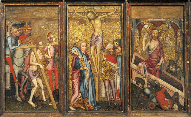 The central three panels of the Depenser Retable at Norwich Cathedral. These three panels are the center of a sequence of five, and depict the carrying of the cross, crucifixion, and the resurrection of Christ. Note how Christ is stepping out of a tomb chest rather than out of a cave, as is more commonly depicted in modern representations.