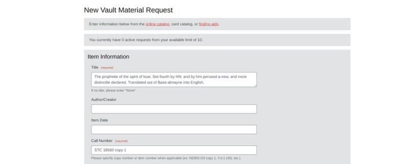 a screenshot of request form with title and call number filled out