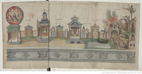 An image from the Valenciennes Passion (Bibliothèque Nationale de France, MS fr. 12536, f1v-2) showing the layout of scaffolds and how ornate the staging of the play could be.