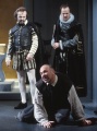 Gary Sloan (Sir Walter Raleigh), Rick Foucheux (The Fool) and Jeremiah Wiggins (Sir Robert Cecil), Elizabeth the Queen by Maxwell Anderson, Folger Theatre, 2003. Directed by Richard Clifford. Carol Pratt.