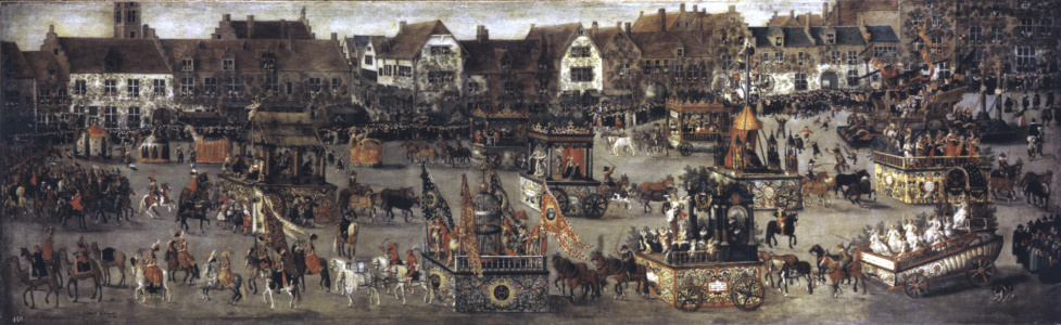 The Triumph of Archduchess Isabella by Denys van Alsloot. Depicting Archduchess Isabella as the queen of a procession honoring the crossbowmen guild of Brussels, the size and ornate decoration of the wagons depicted are similar to how scholars speculate medieval pageant wagons would have appeared in contemporary cycle plays.