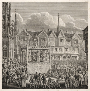 Representation of a Pageant Vehicle at the time of Performance, frontispiece to A Dissertation on the Pageants or Dramatic Mysteries Recently Performed at Coventry by the trading Companies of that City by Thomas Sharpe, 1825