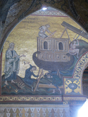 Noah and his sons build the ark. Mosaics at the Cathedral at Monreale. Photo by Nick DiMichael.