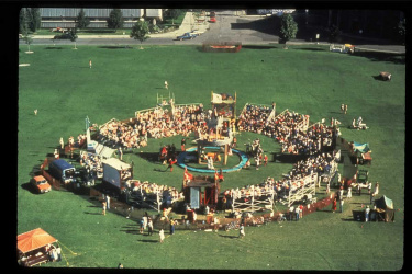 The staging of the 1979 Poculi Ludique Societas performance of the Castle of Perseverance at Toronto, reflecting the diagram in the Macro Manuscripts.