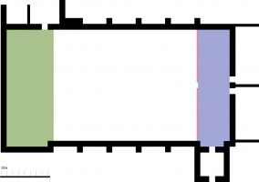A rough floorplan of the Great Hall of Lambeth Palace (the medieval original was destroyed in the English Civil War and rebuilt after the Restoration). The green area is the dais, a raised area where the most important personages would sit, the blue area is the servant's or screens passage, and the red area represents the screen itself. A and B would likely have entered originally through the opening in the screen.