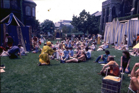 Arfax addresses the crowd, from the 1981 performance of the N-Town Passion at Toronto by the Poculi Ludique Societas. Note how the actor becomes part of the crowd, which is then required to turn to view his speaking.