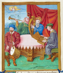 Detail of a miniature of musicians in the King Henry VIII Psalter (Royal MS 2 A XVI, f 98v). They are depicted playing a tabor, three-hole pipe, trumpet, harp, and dulcimer. Image courtesy the British Library's Catalogue of Illuminated Manuscripts.