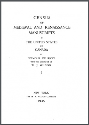 Title page of Seymour de Ricci's manuscripts census